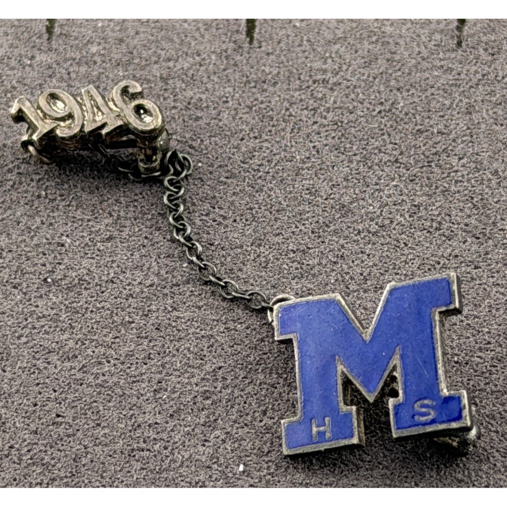 Vintage Sterling Silver School Pin M 1946 HS Blue Enamel Safety Chain